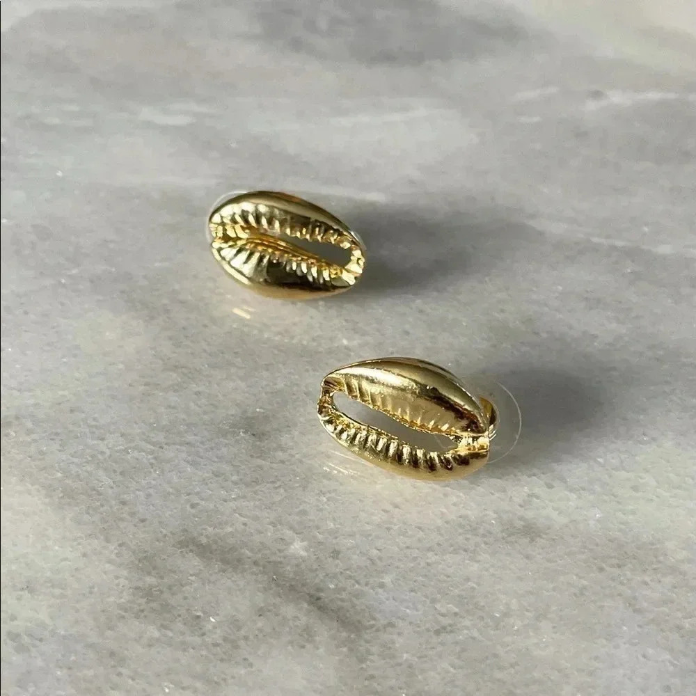 Gold Plated Cowrie Stud Earrings - Picture 3 of 6